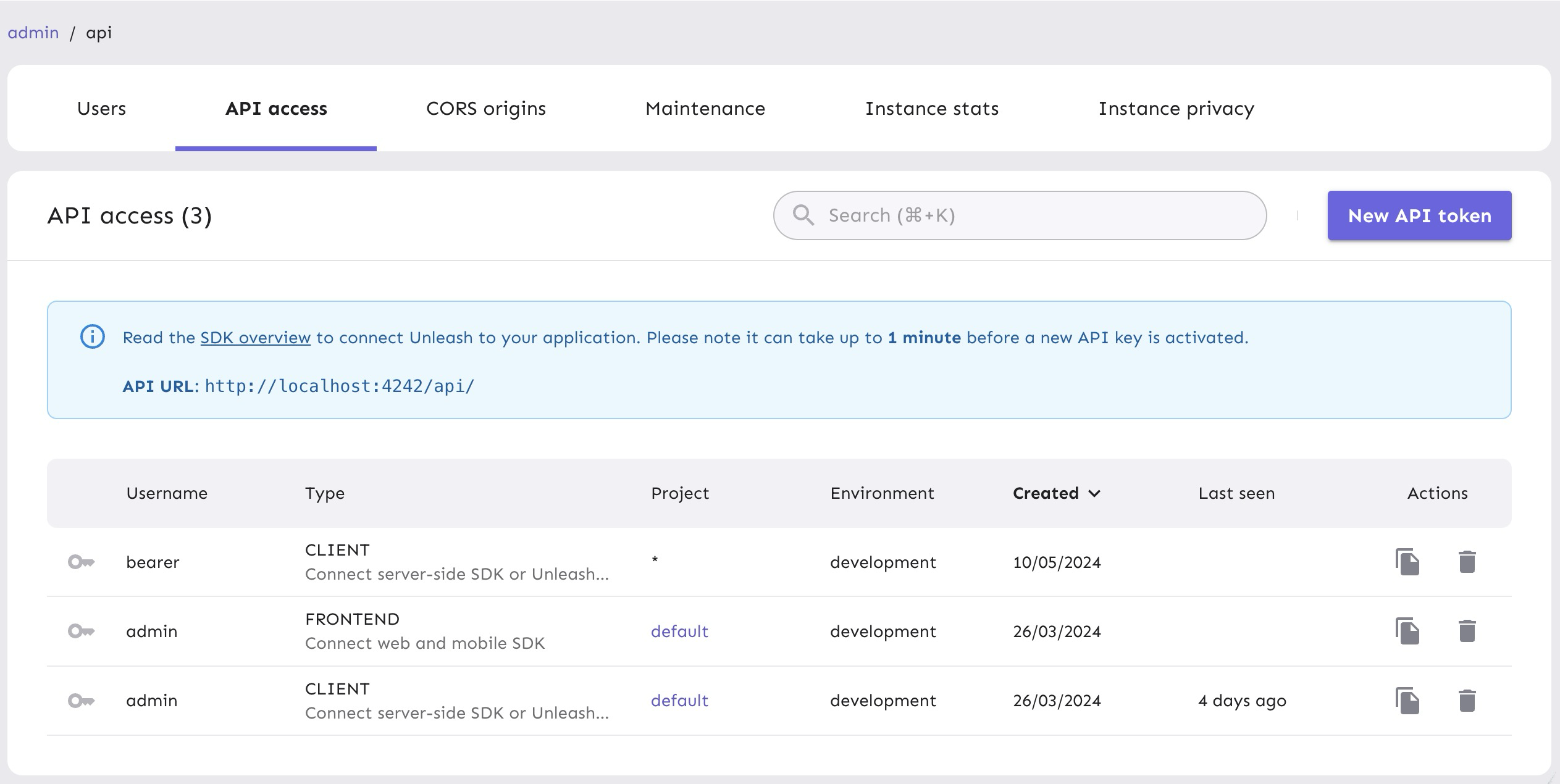 Image of the API token list